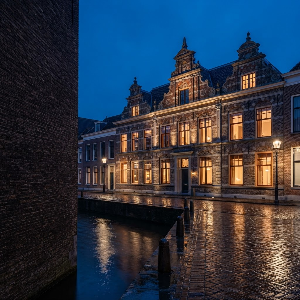 Een verlicht gebouw aan een straat in Groningen